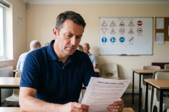 Homme en stage de récupération de points dans une salle de code de la route consultant un document officiel