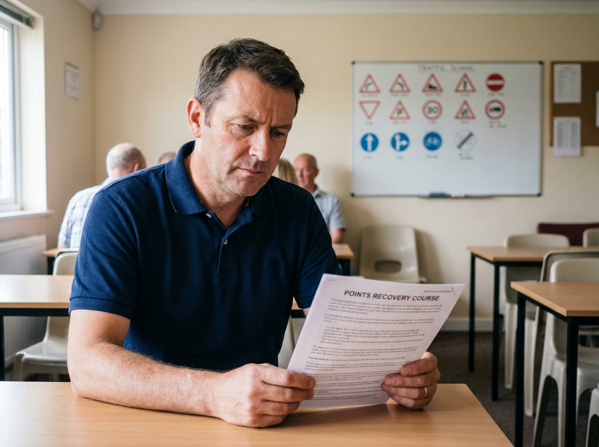Homme en stage de récupération de points dans une salle de code de la route consultant un document officiel