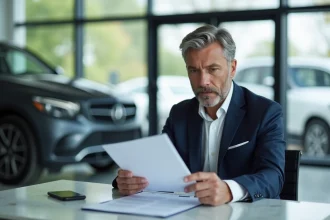 Homme d'affaires en costume dans un showroom haut de gamme