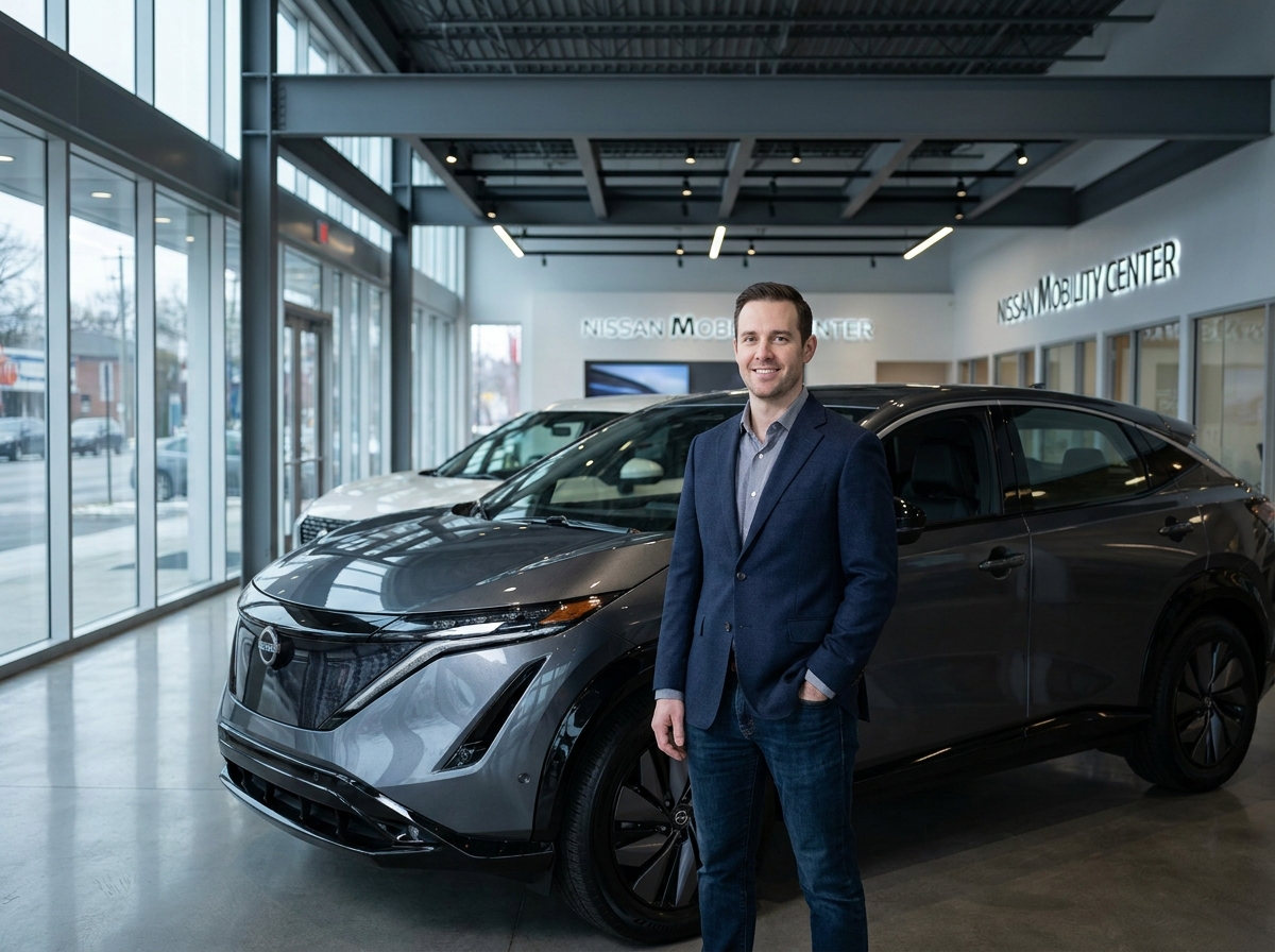 Un homme en blazer marine admire un SUV Nissan dans une concession automobile moderne aux sols en béton poli