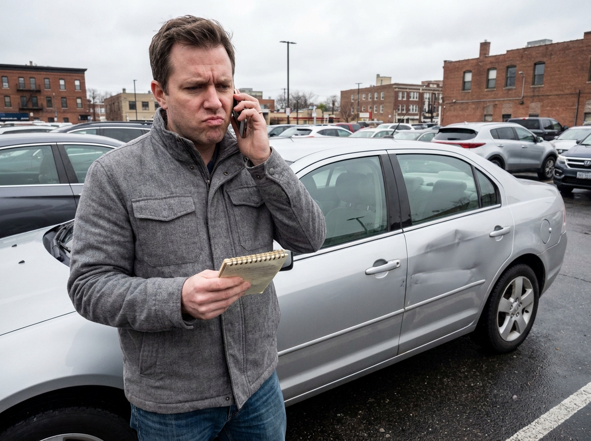 Homme au téléphone après un accident de voiture dans un parking urbain