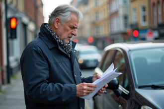 Homme d'âge moyen examinant un document urbain en ville