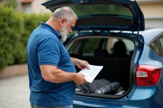 Homme regardant le coffre d'une voiture moderne en extérieur