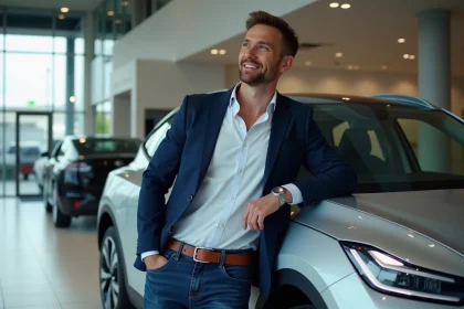 Homme souriant pr&egrave;s d'une voiture &eacute;lectrique moderne en showroom