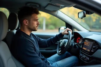 Homme dans sa voiture examine le tableau de bord