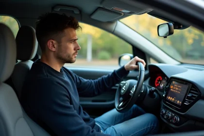 Homme dans sa voiture examine le tableau de bord