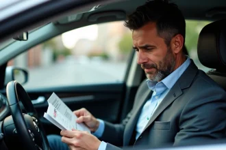 Homme d'âge moyen dans une voiture en ville lisant une brochure