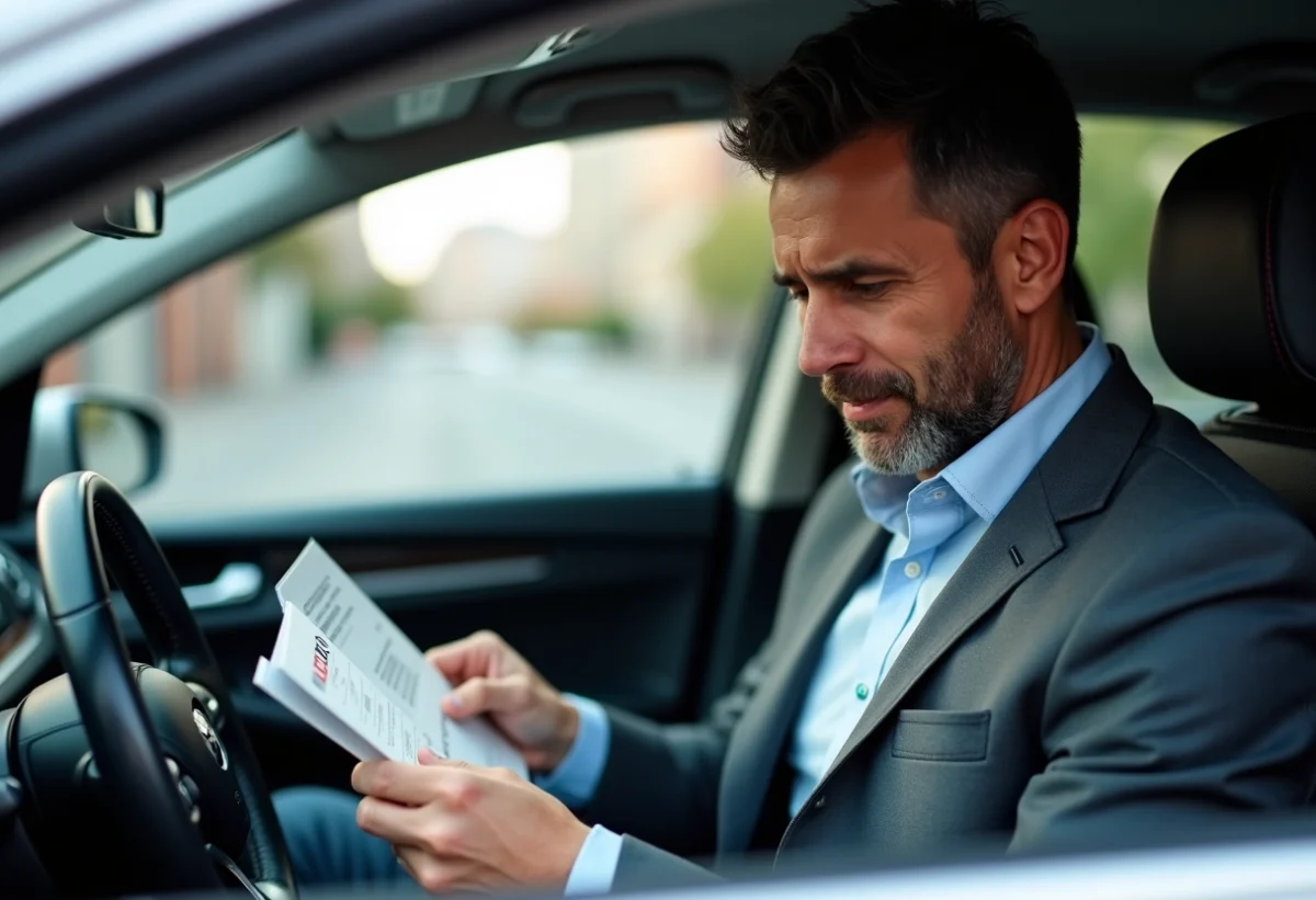 Homme d'âge moyen dans une voiture en ville lisant une brochure