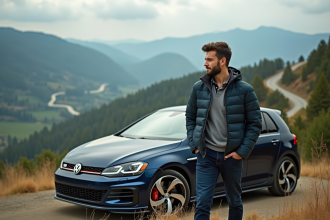 Homme regardant une voiture GTI en montagne