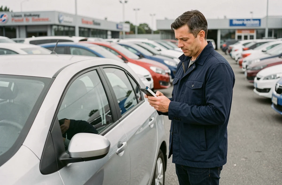 Homme examinant une voiture d'occasion dans un parking de concessionnaire tout en consultant un site d'annonces automobiles sur son téléphone
