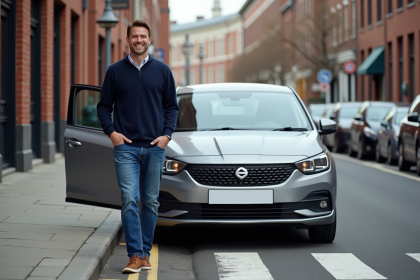 Homme souriant sortant d'une voiture en ville