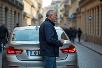 Homme regardant la plaque d'immatriculation L d'une voiture