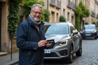 Homme français posant sa plaque sur sa voiture dans une rue pavée