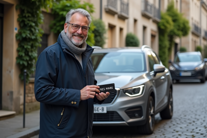 Homme français posant sa plaque sur sa voiture dans une rue pavée