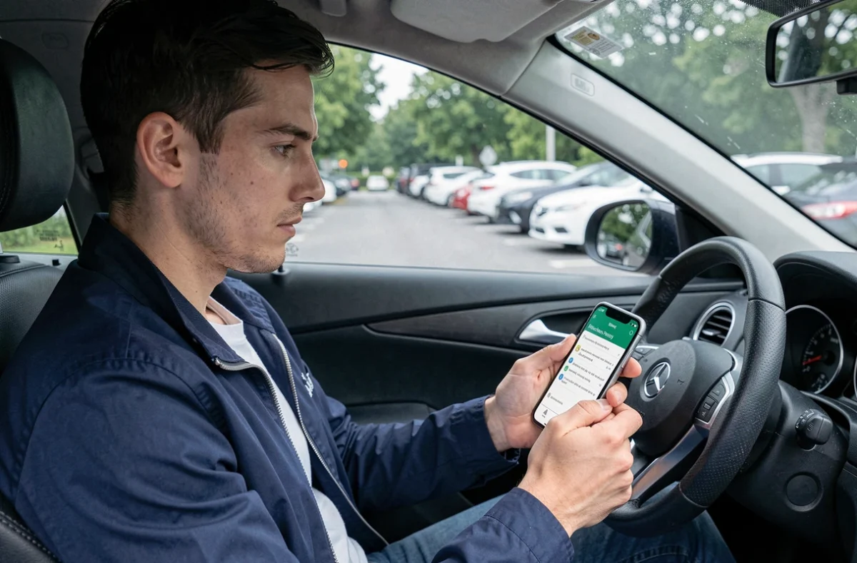 Homme dans une voiture garée consultant des questions de code de la route 2026 sur son smartphone
