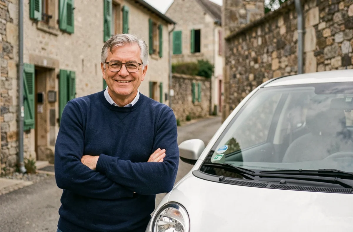 Homme appuyé sur une voiture sans permis dans une rue de village français