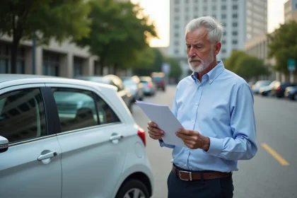 Homme d'âge moyen avec documents fiscaux près d'une voiture urbaine