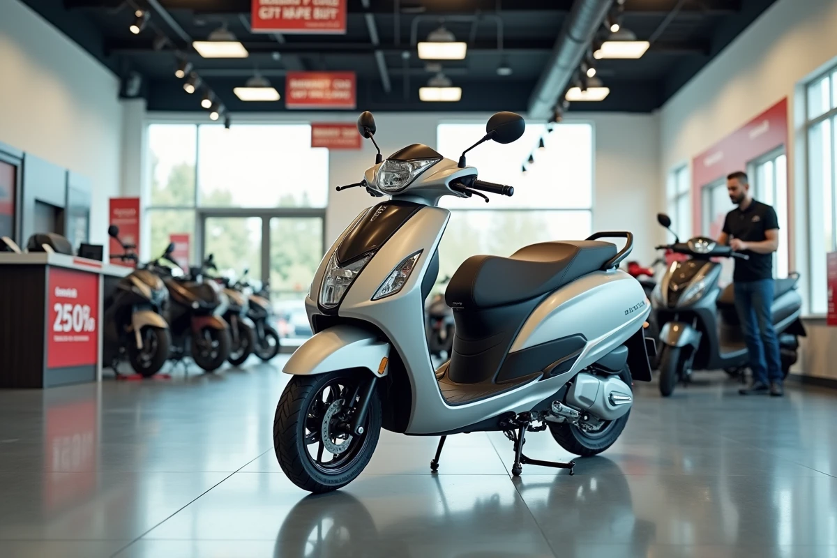 Scooter Honda 125 exposé en concession avec panneaux de promotions et tarifs en 2026