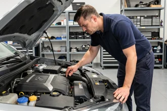Ingénieur automobile inspectant le moteur d'une voiture dans un atelier professionnel, illustrant la puissance moteur en kW et CV