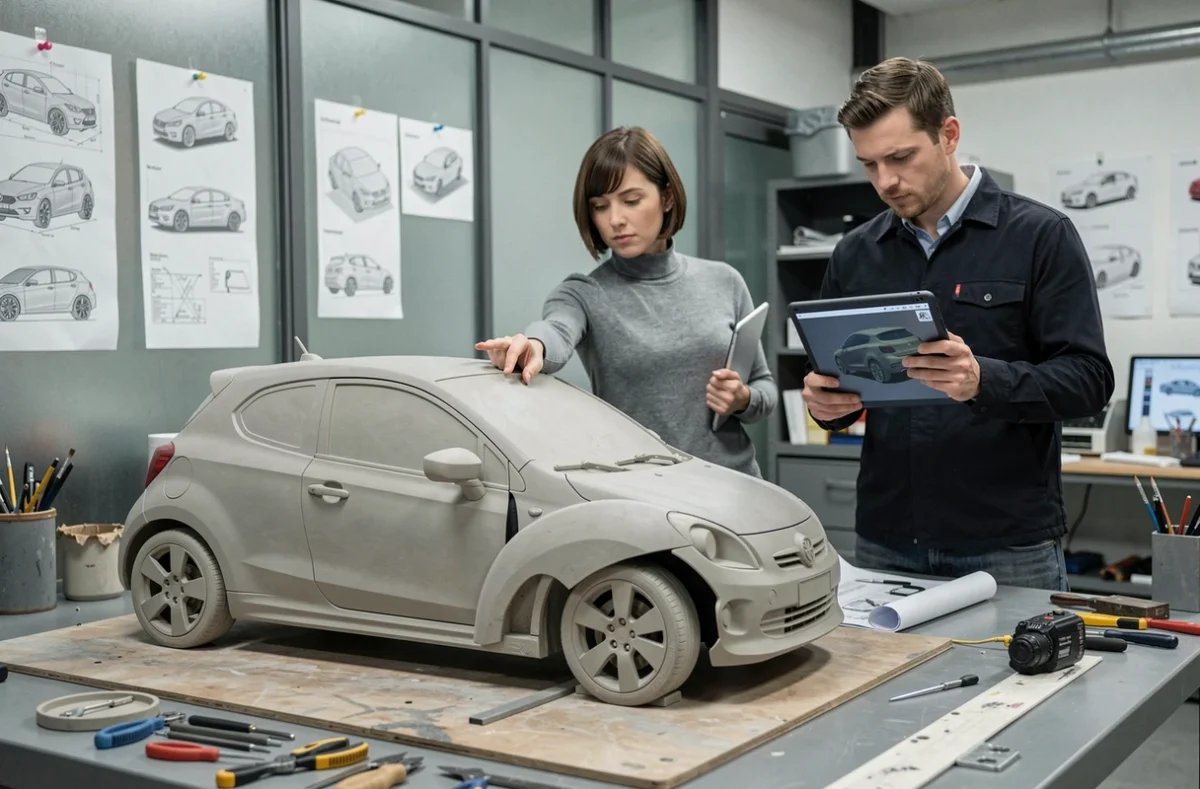 Ingénieurs en design automobile étudiant des maquettes d'une compacte sportive dans un studio de conception moderne avec plans techniques et modèles en argile