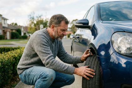 Homme inspectant la bande de roulement d'une voiture