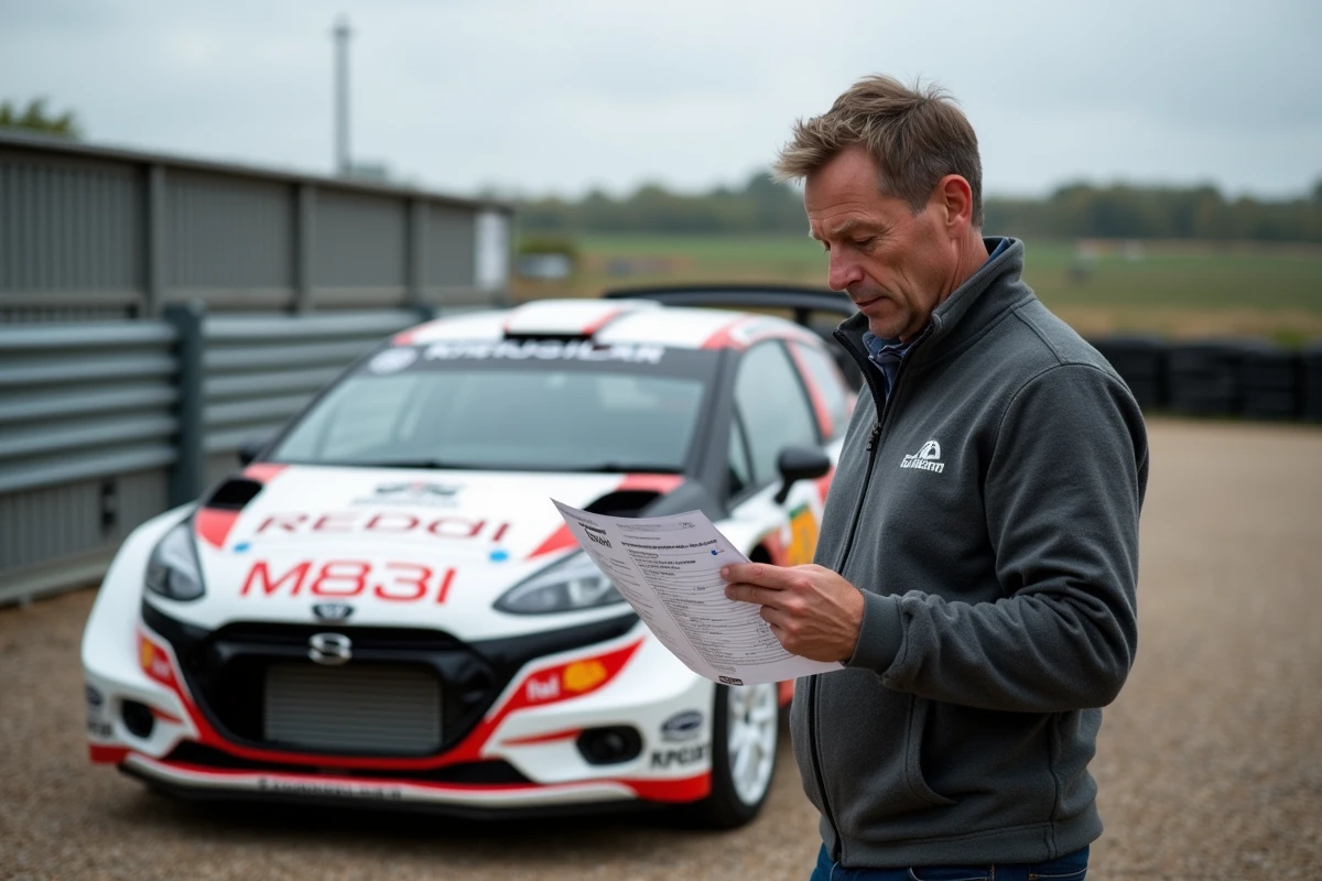 Homme inspectant une voiture de rallye à vendre dans un paddock avec fiche de prix