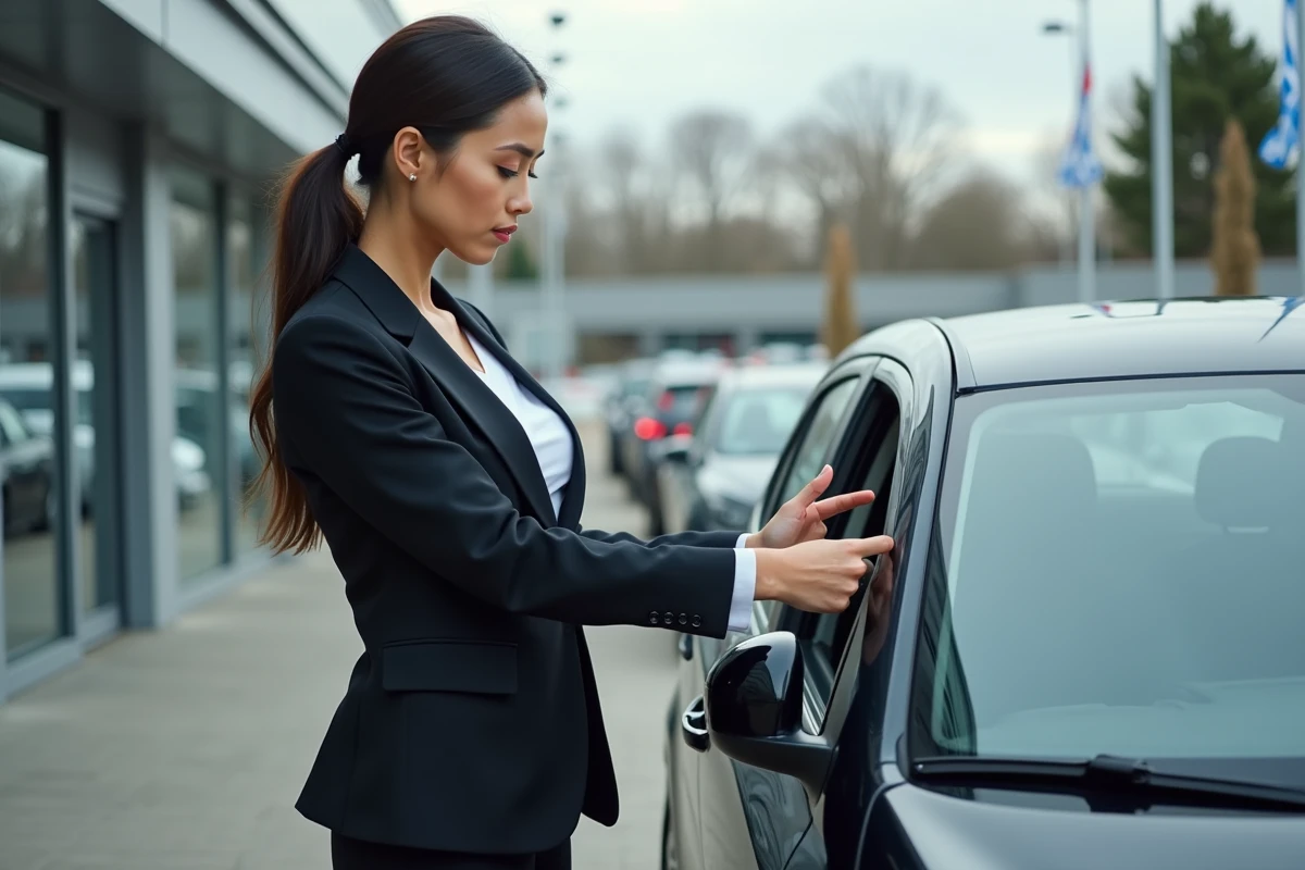 Femme inspectant une voiture en concession urbaine
