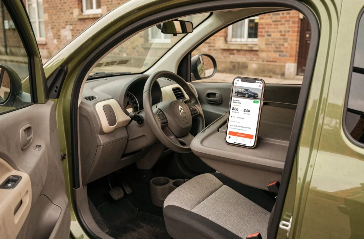 Intérieur d'une Citroën Ami d'occasion avec un smartphone affichant une annonce de vente en ligne