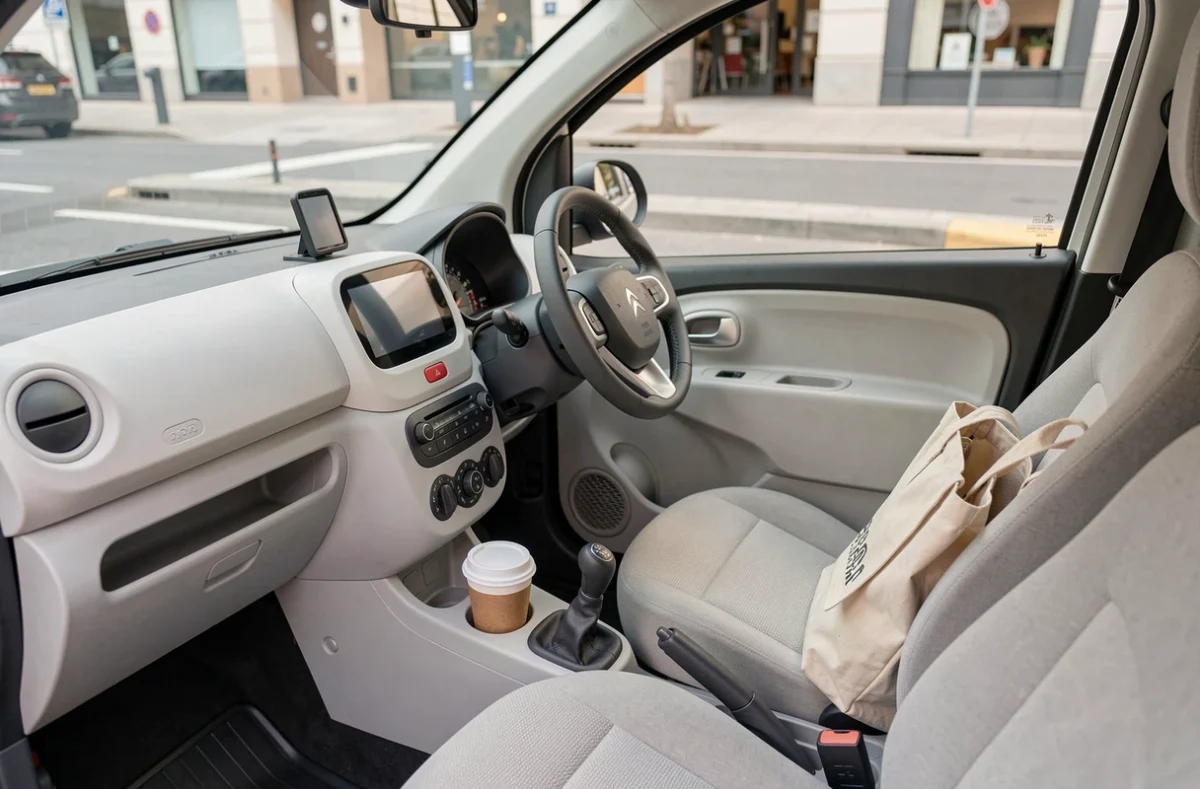 Intérieur minimaliste de la Citroën Ami sans permis avec tableau de bord compact