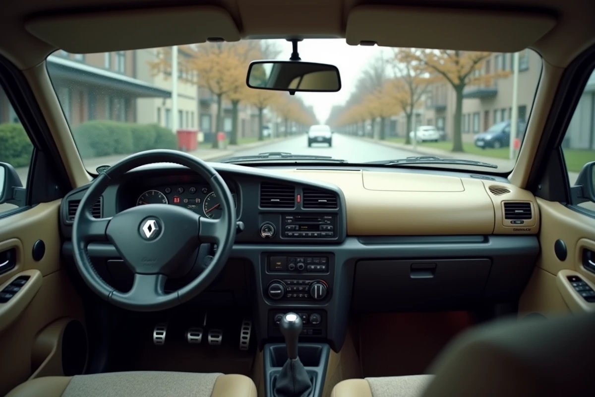 Vue intérieure complète du cockpit Renault Clio II avec tableau de bord et habitacle d'époque