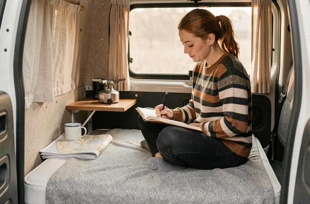 Intérieur aménagé d'une Dacia en camping car avec couchage et rangements pour un road trip longue durée