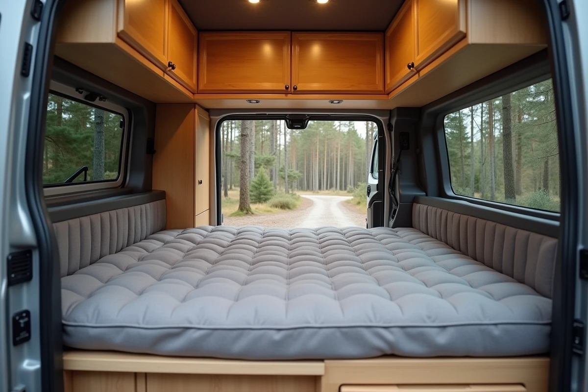Intérieur aménagé d'un Peugeot Expert long en camping-car avec lit escamotable, kitchenette et rangements en contreplaqué de bouleau