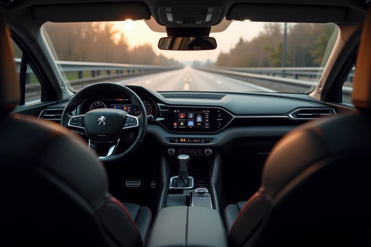 Intérieur du Peugeot SUV 2026 avec tableau de bord numérique, volant sport et sellerie cuir anthracite, vue depuis la banquette arrière