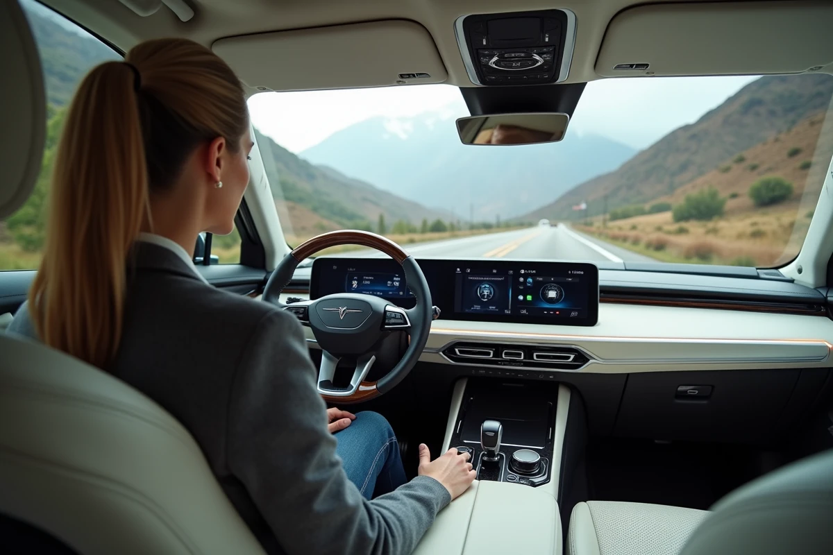 Intérieur haut de gamme d'un SUV électrique avec conductrice en veste grise au volant, écran tactile et sièges en cuir crème