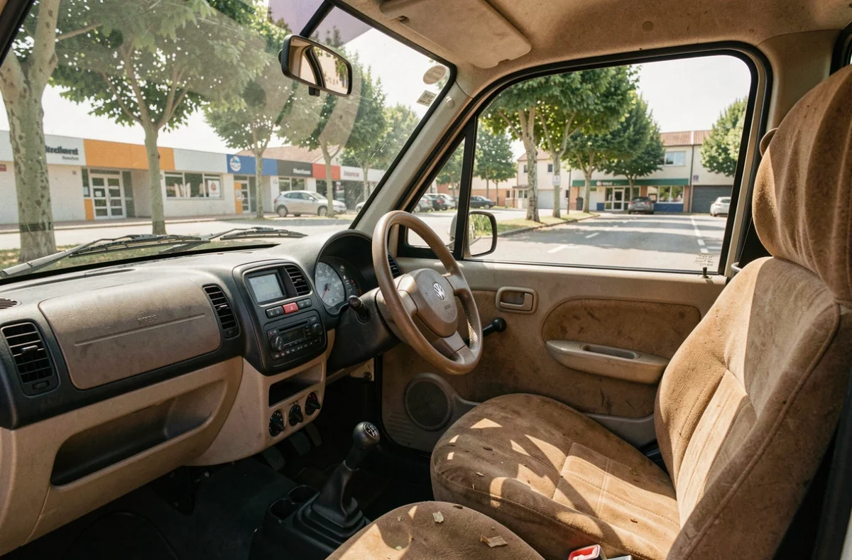 Intérieur d'une voiture sans permis d'occasion avec tableau de bord et siège en tissu usé, vue sur un parking de banlieue de Montpellier