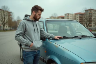 Jeune conducteur inspectant une ancienne voiture d'occasion dans un parking urbain