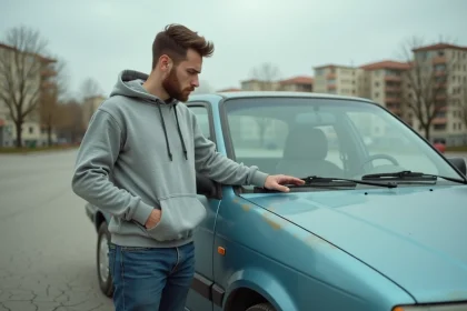 Jeune conducteur inspectant une ancienne voiture d'occasion dans un parking urbain