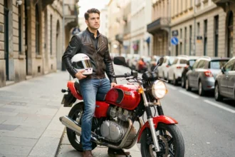Jeune homme avec casque moto et veste en cuir debout à côté d'une moto 125 cm3 rouge en ville