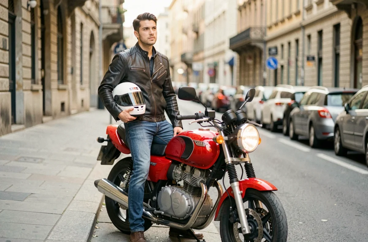 Jeune homme avec casque moto et veste en cuir debout à côté d'une moto 125 cm3 rouge en ville