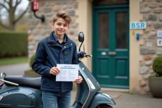 Jeune garçon avec scooter et document de permis BSR