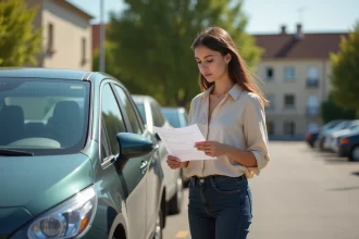 Jeune femme examinant une voiture d'occasion avec une checklist lors de son premier achat automobile