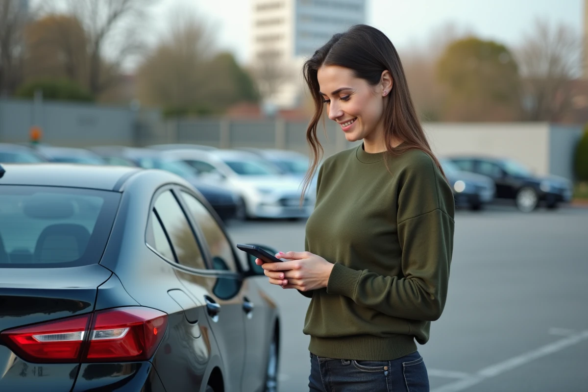 Jeune femme cherchant des pièces auto sur son smartphone dans un parking