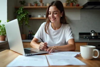 Jeune femme en t-shirt blanc et jeans travaillant sur documents