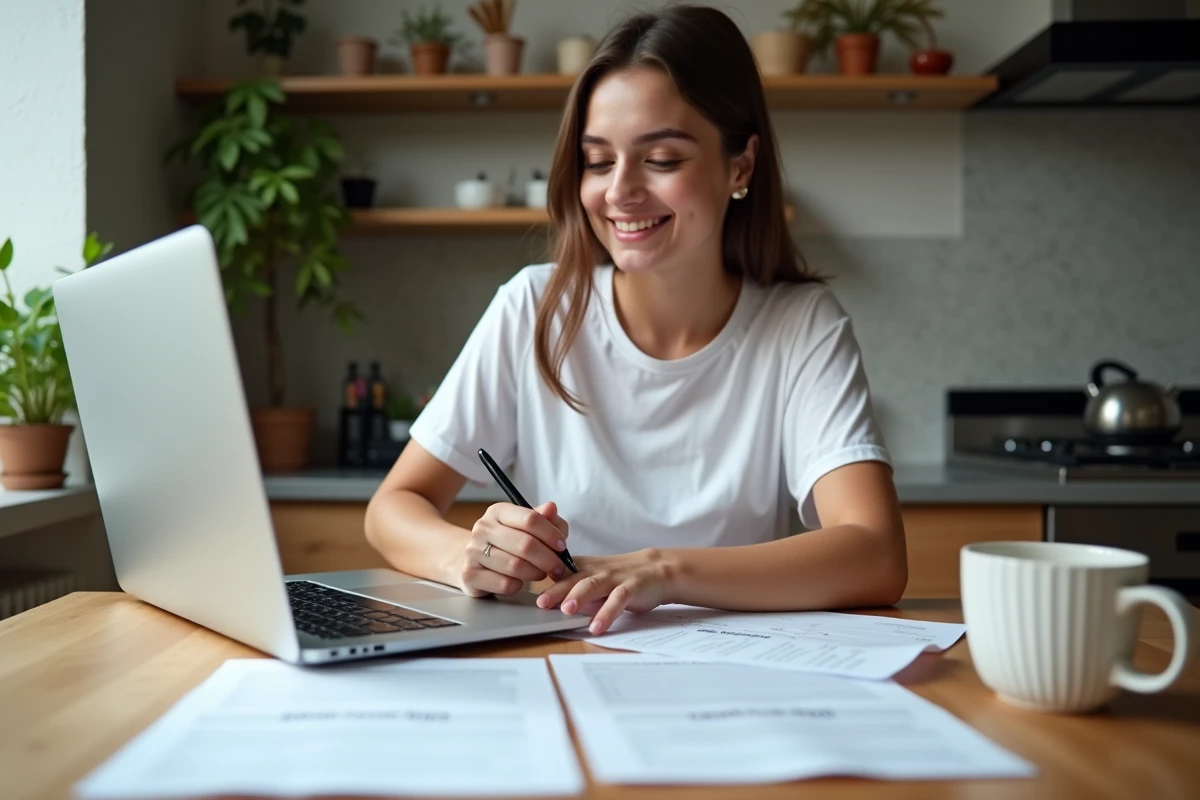 Jeune femme en t-shirt blanc et jeans travaillant sur documents