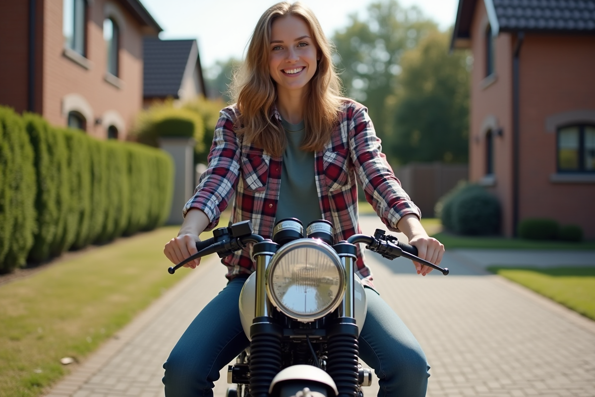 Jeune femme en chemise à carreaux installant une moto vintage dans la rue