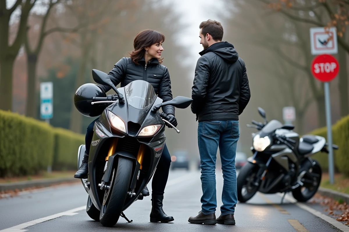 Jeune femme motarde parlant avec un inspecteur &agrave; l
