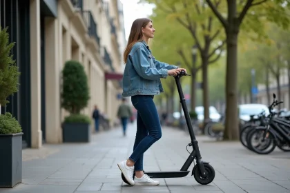Jeune femme en jean bleu d&eacute;verrouillant un scooter &eacute;lectrique &agrave; Paris