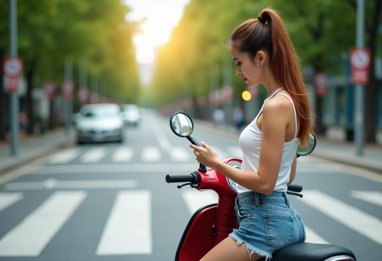 Jeune femme en été lisant règles de sécurité à scooter urbain