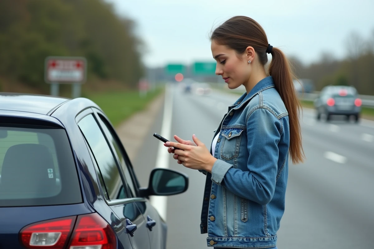 Jeune femme avec smartphone près de sa voiture en voyage