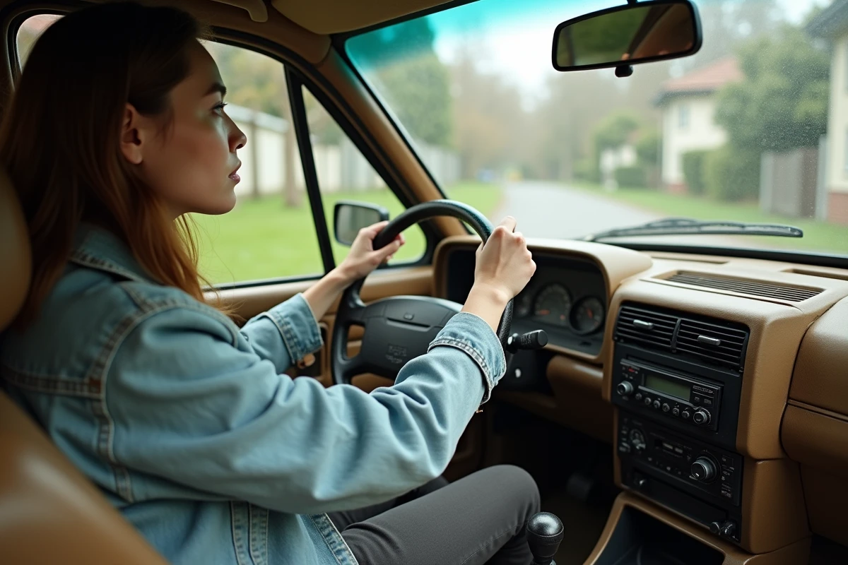 Jeune femme au volant d'une vieille voiture d'occasion avec tableau de bord vintage